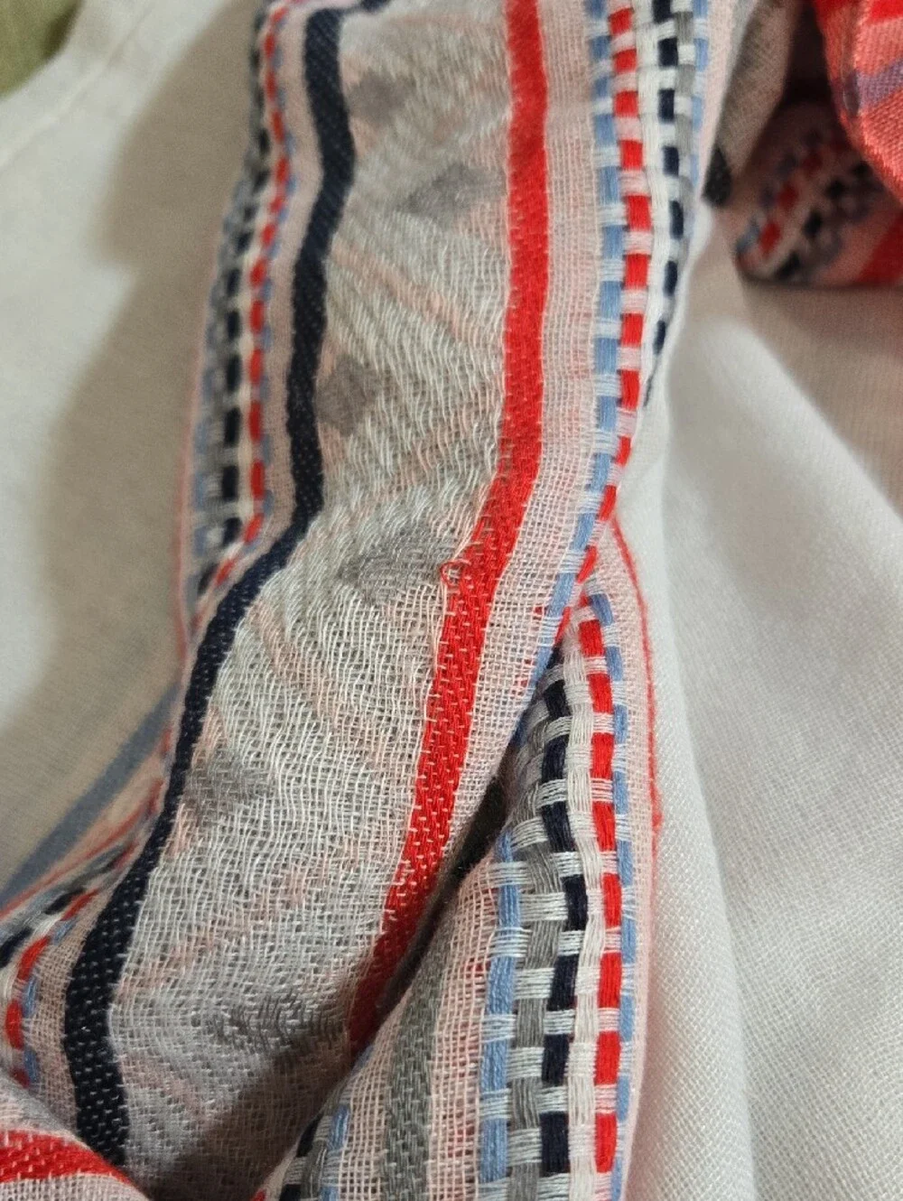 Lightweight White Scarf with Coral, Blue & Navy Stripes